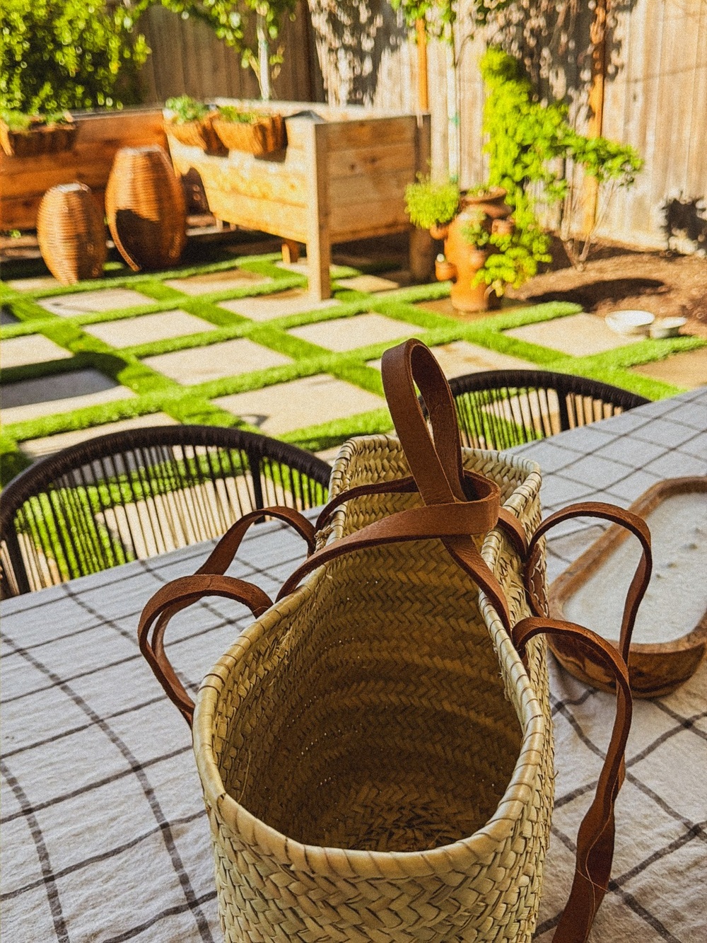 Woven Straw Basket Tote with Brown Leather Straps